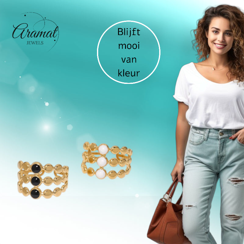 Brede Verstelbare Ring met 3 Emaille Cirkels - Goudkleurig RVS