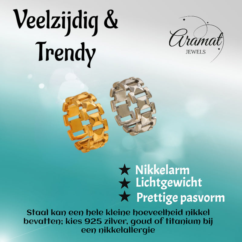 Brede One Size Schakelring van RVS - Goudkleurig of Zilver (9 mm)