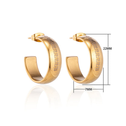Earrings – 22mm Half-Hoop Greek Motif Stainless Steel Gold Color Lady 