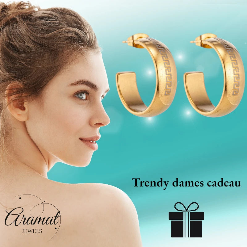Earrings – 22mm Half-Hoop Greek Motif Stainless Steel Gold Color Lady 