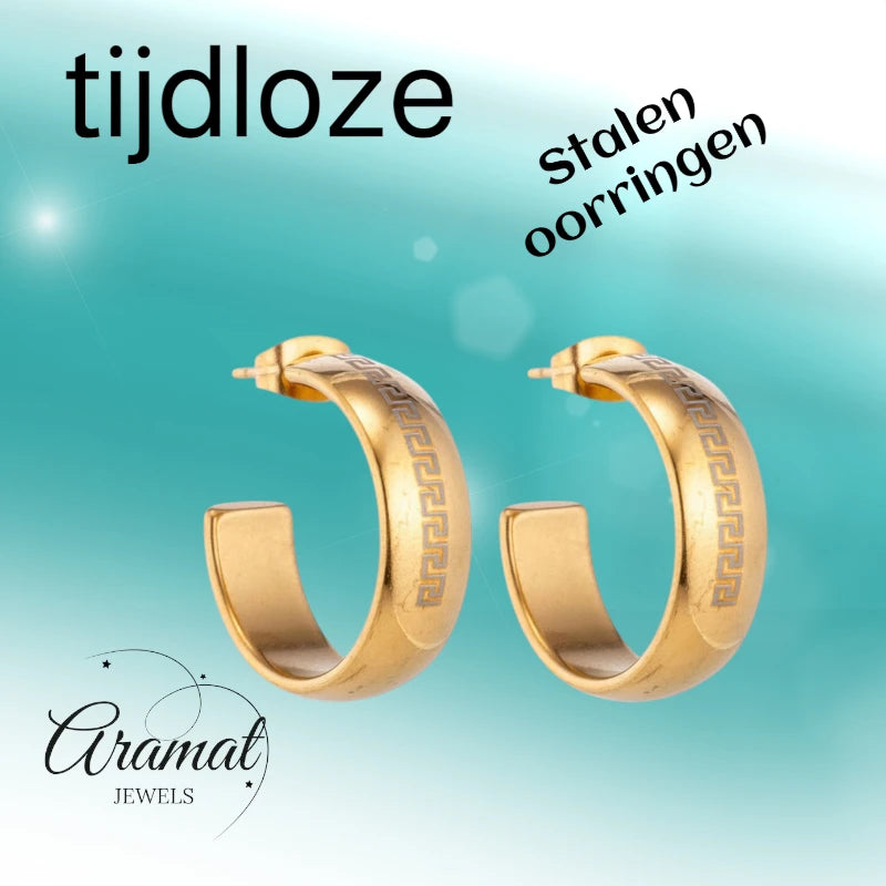 Earrings – 22mm Half-Hoop Greek Motif Stainless Steel Gold Color Lady 