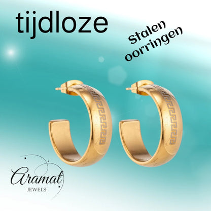 Earrings – 22mm Half-Hoop Greek Motif Stainless Steel Gold Color Lady 