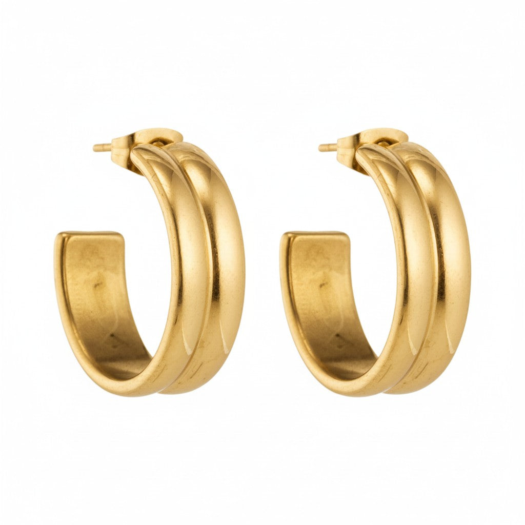 Earrings – 23mm Half-Hoop 2 Stripes Stainless Steel Gold Color Women 