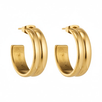 Earrings – 23mm Half-Hoop 2 Stripes Stainless Steel Gold Color Women 
