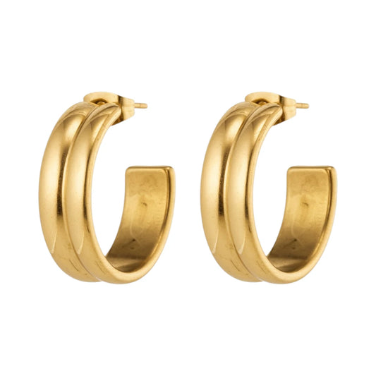 Earrings – 23mm Half-Hoop 2 Stripes Stainless Steel Gold Color Women 