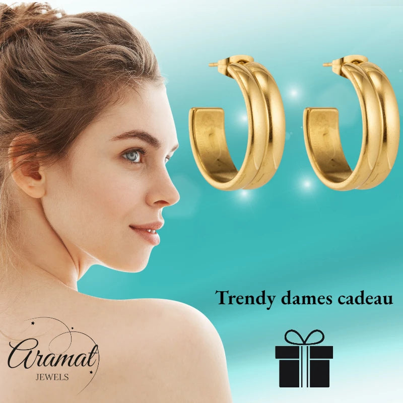 Earrings – 23mm Half-Hoop 2 Stripes Stainless Steel Gold Color Women 
