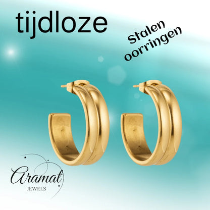 Earrings – 23mm Half-Hoop 2 Stripes Stainless Steel Gold Color Women 