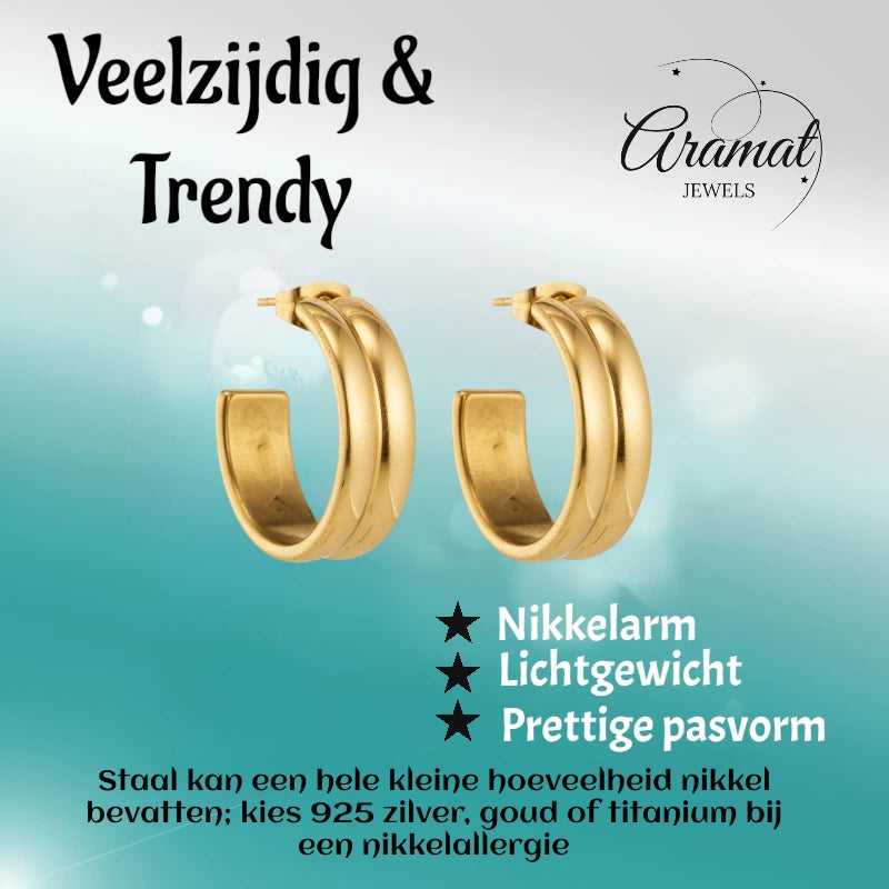Earrings – 23mm Half-Hoop 2 Stripes Stainless Steel Gold Color Women 