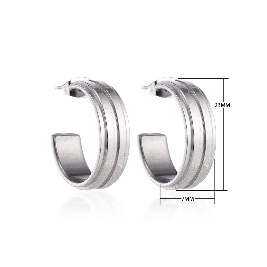 Earrings – 23mm Half-Hoop 2 Stripes Stainless Steel Silver Color Women 