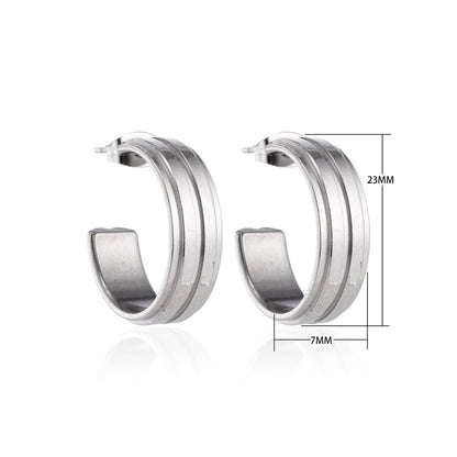 Earrings – 23mm Half-Hoop 2 Stripes Stainless Steel Silver Color Women 