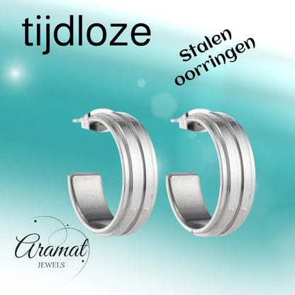 Earrings – 23mm Half-Hoop 2 Stripes Stainless Steel Silver Color Women 