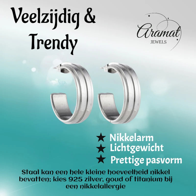 Earrings – 23mm Half-Hoop 2 Stripes Stainless Steel Silver Color Women 
