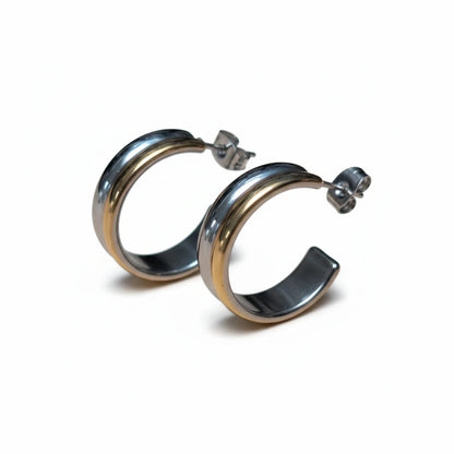 Stainless Steel Half-Hoop Earrings Bicolor Gold Silver 23mm - Women 