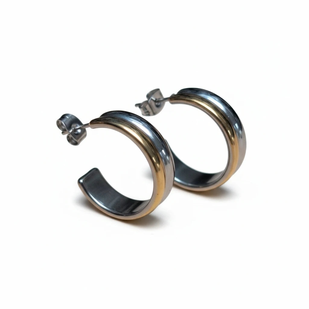Stainless Steel Half-Hoop Earrings Bicolor Gold Silver 23mm - Women 