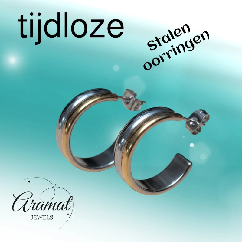 Stainless Steel Half-Hoop Earrings Bicolor Gold Silver 23mm - Women 