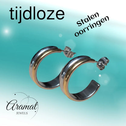 Stainless Steel Half-Hoop Earrings Bicolor Gold Silver 23mm - Women 