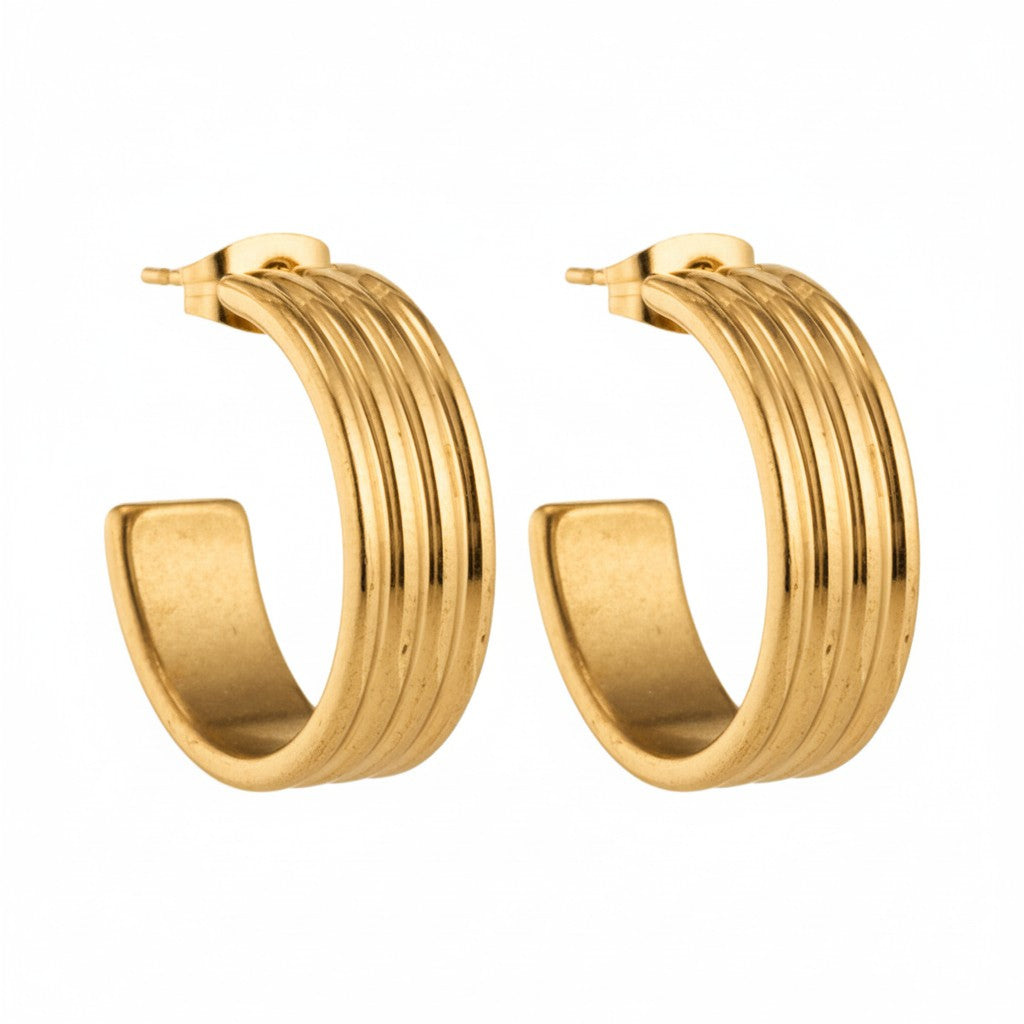 Earrings – 23mm Half-Hoop Stripe Relief Stainless Steel Gold Color Women 