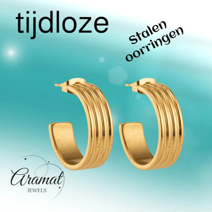 Earrings – 23mm Half-Hoop Stripe Relief Stainless Steel Gold Color Women 