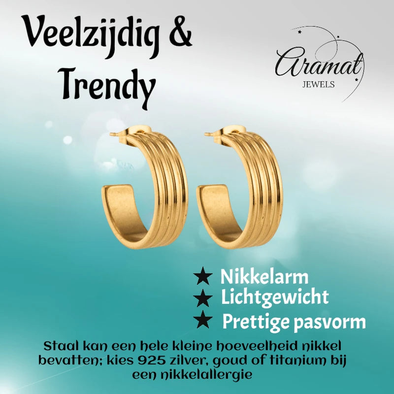 Earrings – 23mm Half-Hoop Stripe Relief Stainless Steel Gold Color Women 