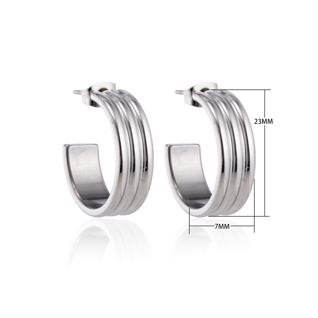 Earrings – 23mm Half-Hoop Stripe Relief on Stainless Steel Silver Color 