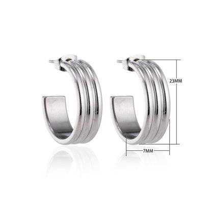 Earrings – 23mm Half-Hoop Stripe Relief on Stainless Steel Silver Color 