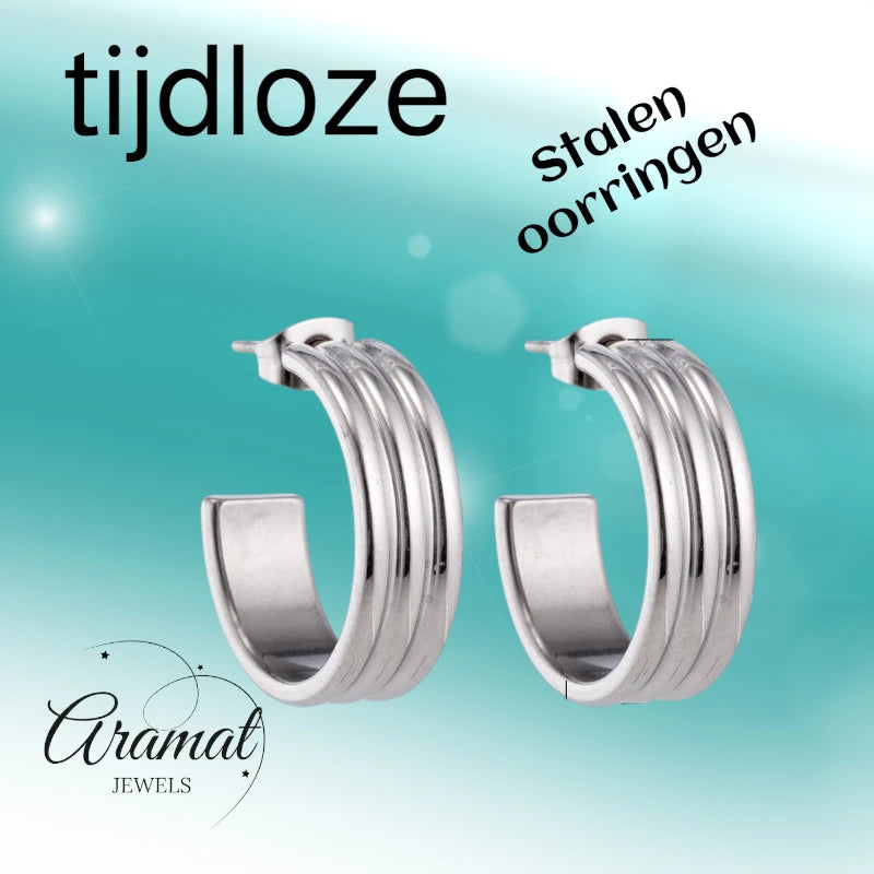 Earrings – 23mm Half-Hoop Stripe Relief on Stainless Steel Silver Color 