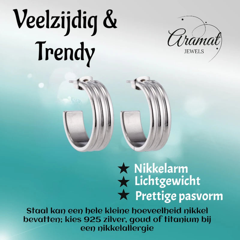 Earrings – 23mm Half-Hoop Stripe Relief on Stainless Steel Silver Color 