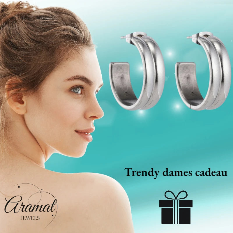 Earrings – 23mm Hoop Creole 2 Lines Stainless Steel Silver Color Unisex