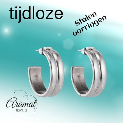 Earrings – 23mm Hoop Creole 2 Lines Stainless Steel Silver Color Unisex