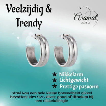 Earrings – 23mm Hoop Creole 2 Lines Stainless Steel Silver Color Unisex