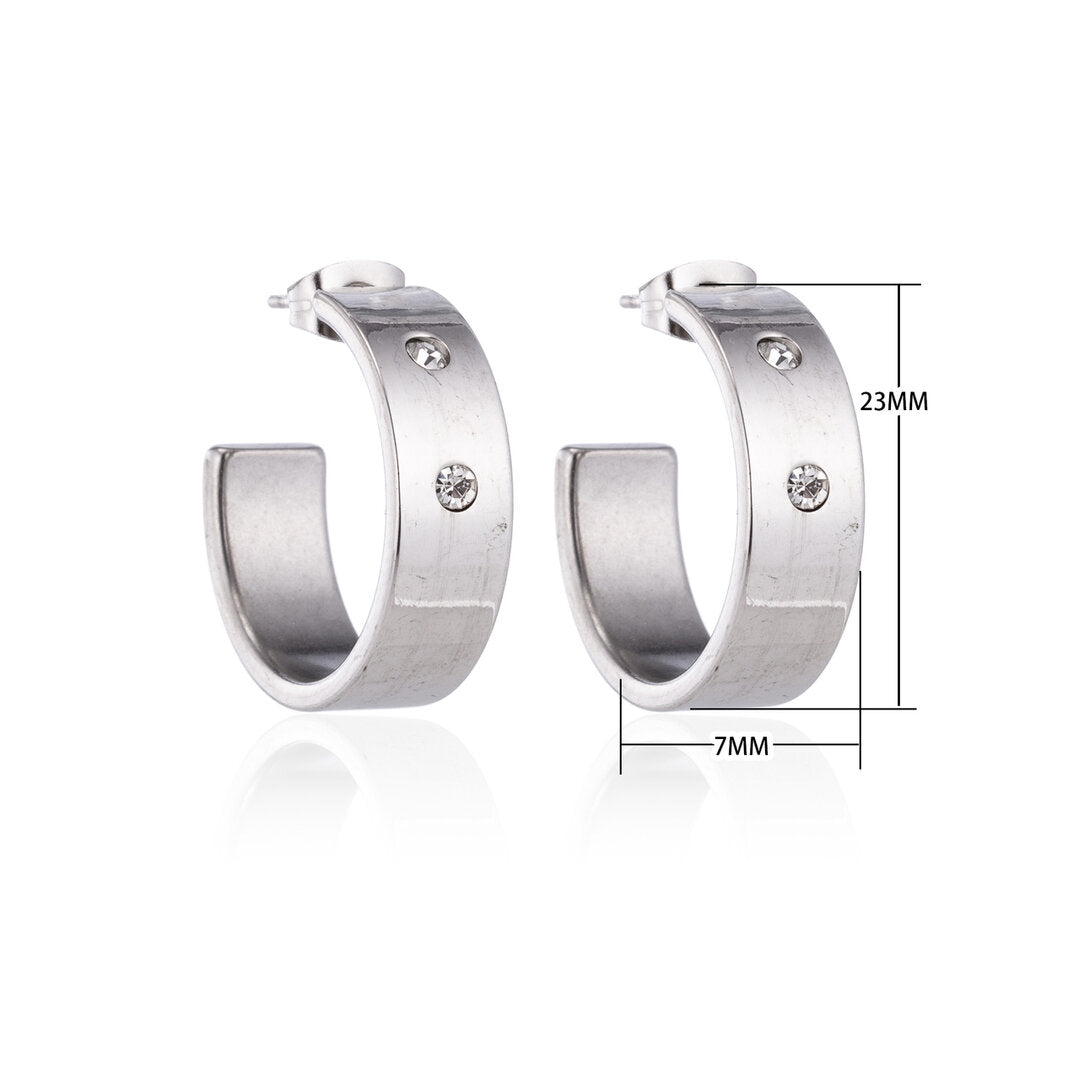 Earrings – 23mm Hoop Creole 2 Zirconia Stainless Steel Silver Color Unisex 