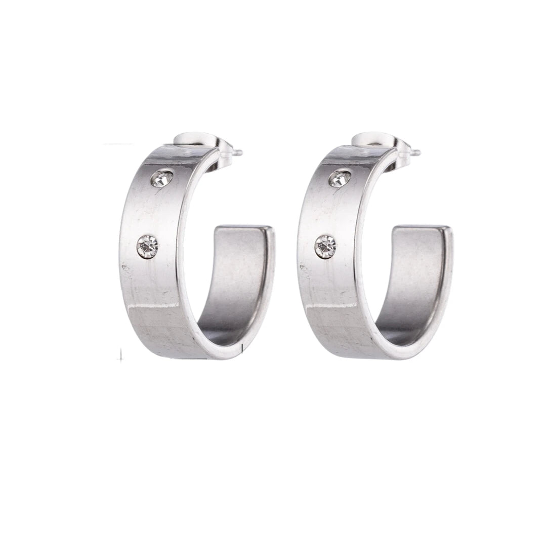 Earrings – 23mm Hoop Creole 2 Zirconia Stainless Steel Silver Color Unisex 