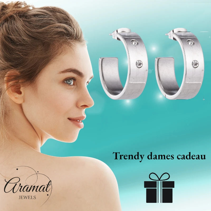 Earrings – 23mm Hoop Creole 2 Zirconia Stainless Steel Silver Color Unisex 