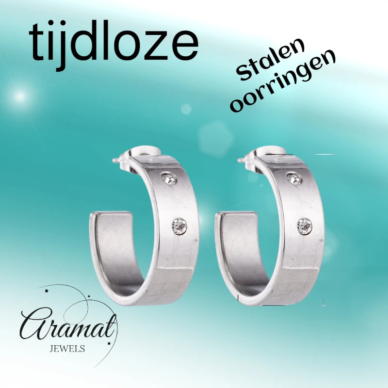 Earrings – 23mm Hoop Creole 2 Zirconia Stainless Steel Silver Color Unisex 