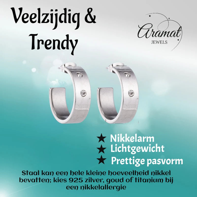 Earrings – 23mm Hoop Creole 2 Zirconia Stainless Steel Silver Color Unisex 