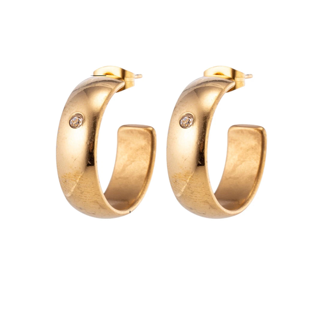 Earrings – 23mm Hoop Creole Zirconia Accent Stainless Steel Gold Color Unisex