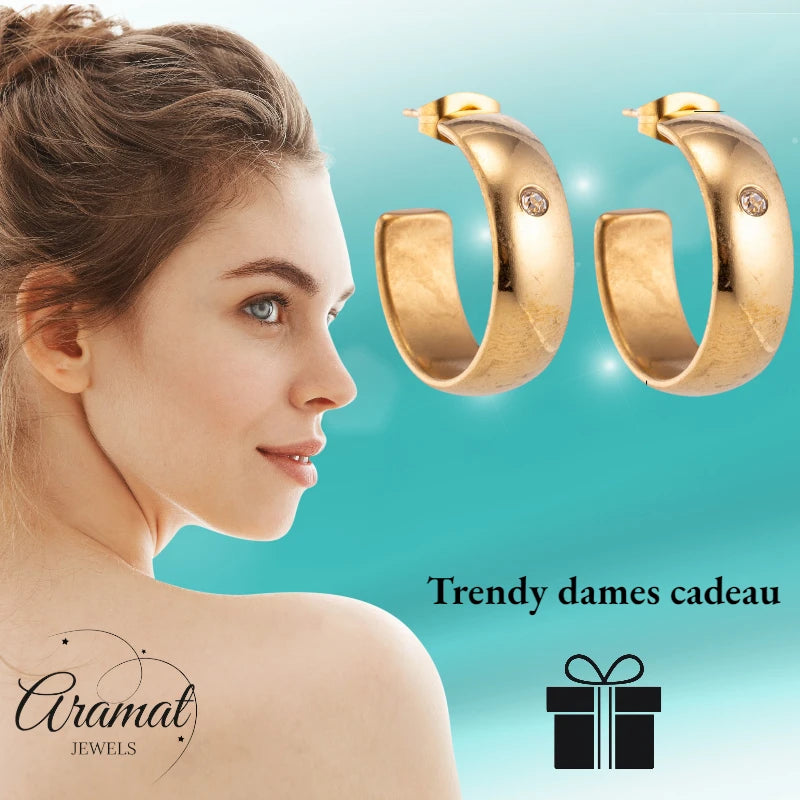 Earrings – 23mm Hoop Creole Zirconia Accent Stainless Steel Gold Color Unisex