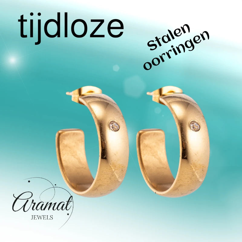Earrings – 23mm Hoop Creole Zirconia Accent Stainless Steel Gold Color Unisex