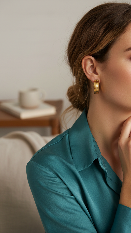 Boucles d'oreilles – Demi-créoles rayées en relief de 23 mm, en acier inoxydable doré, pour femmes 