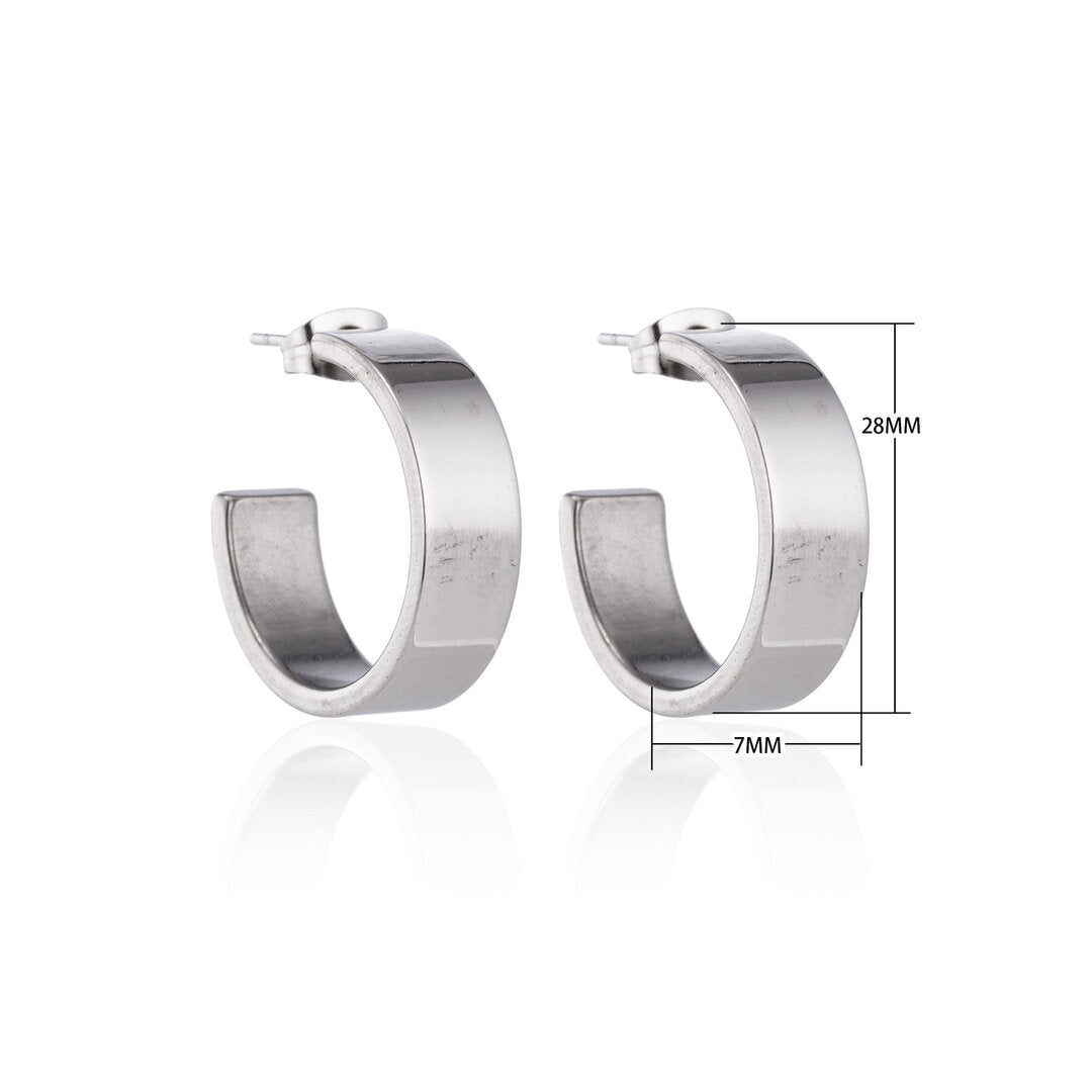 Earrings – 28mm Half-Hoop Smooth Stainless Steel Silver Color Unisex