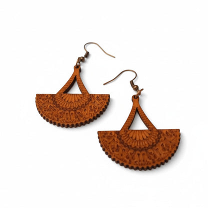 Earrings – Elegant Wooden Earrings Fan Shape Brown Worked Motif Women 