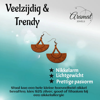 Earrings – Elegant Wooden Earrings Fan Shape Brown Worked Motif Women 