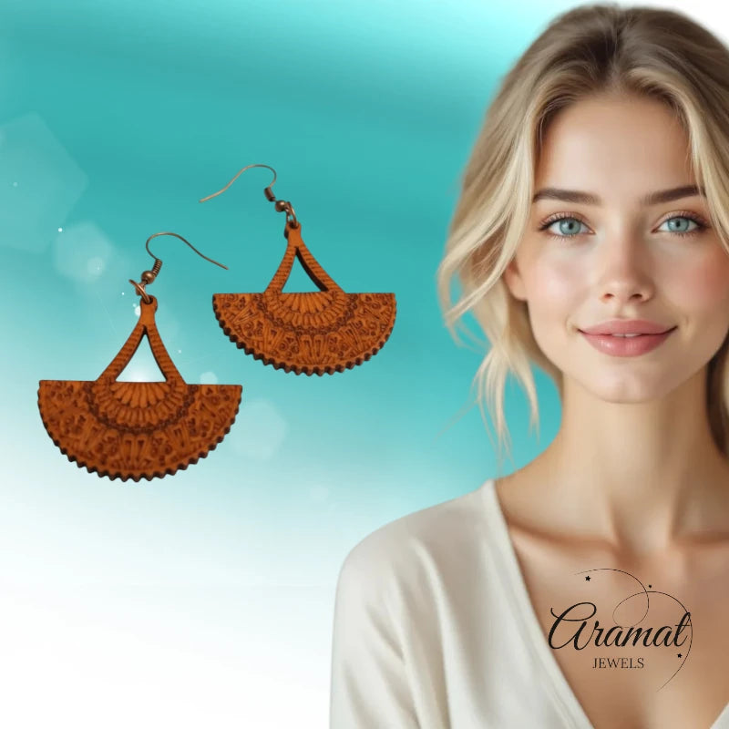 Earrings – Elegant Wooden Earrings Fan Shape Brown Worked Motif Women 