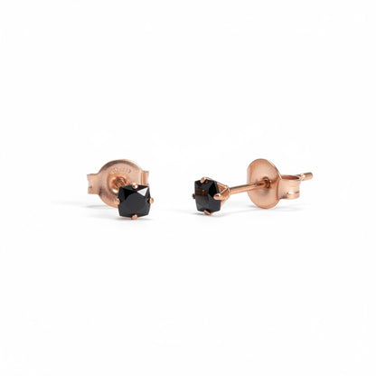 Earrings – Stainless Steel Rose Gold Color with Black Square Zirconia (3mm) 