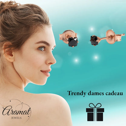 Earrings – Stainless Steel Rose Gold Color with Black Square Zirconia (3mm) 
