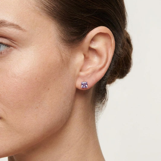 Earrings – Stainless Steel Rose Gold Color with Lilac Square Zirconia (3mm) 