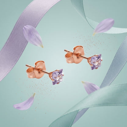 Boucles d'oreilles – Acier inoxydable couleur or rose avec zircon carré lilas (3 mm) 