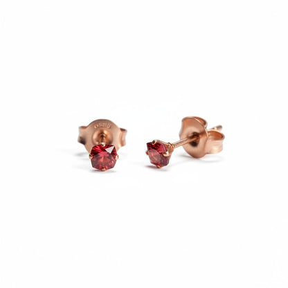 Earrings – Stainless Steel Rose Gold Color with Red Square Zirconia (3mm) 