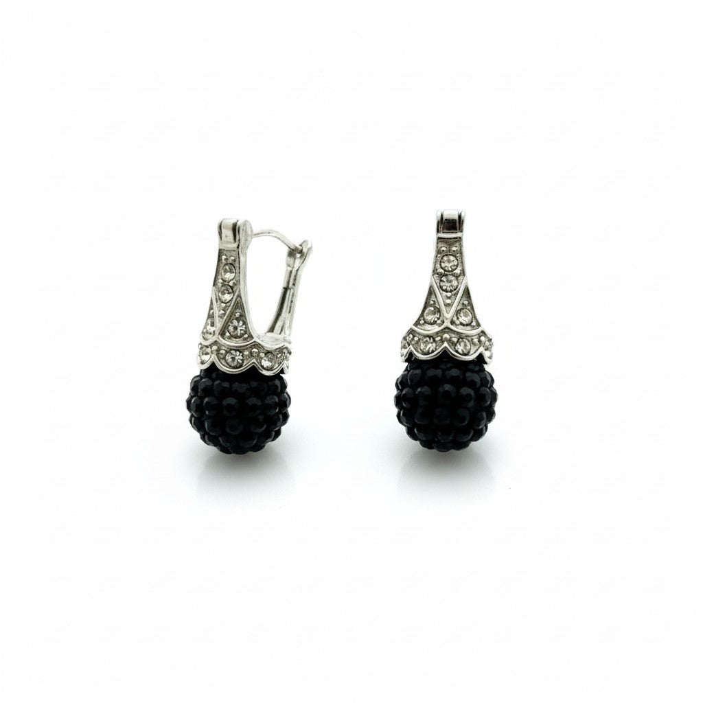 Earrings – Black Crystal Ball with Transparent Crystals Stainless Steel Ladies