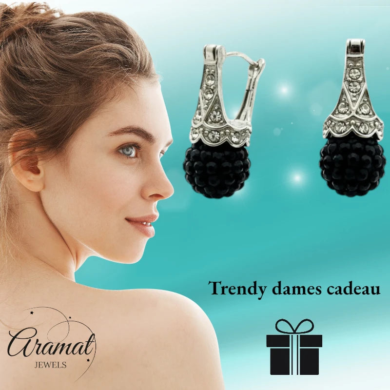 Earrings – Black Crystal Ball with Transparent Crystals Stainless Steel Ladies